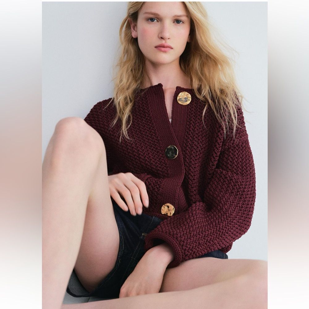 Zara chunky knit cardigan in burgundy - Picture 2 of 16